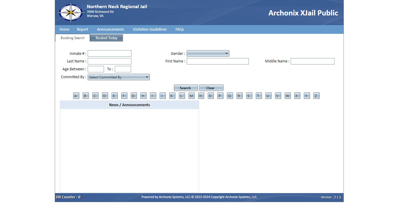 Archonix XJail Public - Welcome to Northern Neck Regional Jail